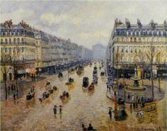 a painting of people walking down the street in paris, with horse and buggies