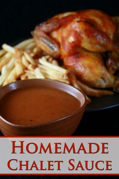 homemade chalet sauce in a bowl next to chicken and french fries on a plate