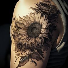 a woman's arm with sunflowers and leaves on it