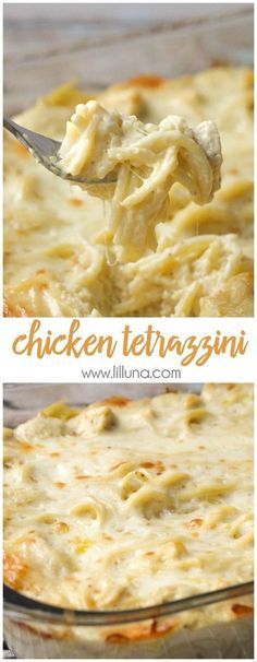 chicken tetrazzini casserole in a glass dish with a serving spoon