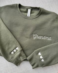 Embroidery On Sweatshirt Sleeve, Sweatshirt Sleeve Embroidery, Personalized Gifts For Grandma, Embroidery Sweatshirt Designs, Motherhood University, Grandma Crafts, New Grandma Gift, Clothes Embroidery, Grandma Sweatshirt