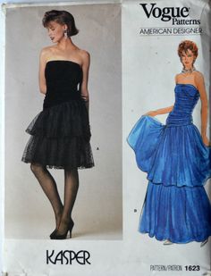 1980s Vogue Vintage Sewing Pattern 1623, Size 10.  Dated 1985    Misses' Dress.  Strapless dress, mid-knee or evening length has fitted, lined, shaped, draped bodice, tiered skirt and side zipper.  A: contrast, purchased trim. Vintage condition: Uncut, instructions included.  Pieces may be discolored.  Envelop in good condition with minor wear at corners and some discoloration.  Items will be shipped in a moisture-resistant photo mailer to prevent damage. There are many tutorials on the internet on how to resize vintage sewing patterns if these measurements don't work for you! Vintage Vogue Sewing Patterns, Vogue Vintage, Vogue Sewing, Vogue Sewing Patterns, Cocktail Gowns, Vogue Patterns, Couture Vintage, Sewing Pattern Sizes, Sewing Pattern Design