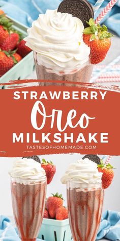 strawberry oreo milkshake with whipped cream and strawberries