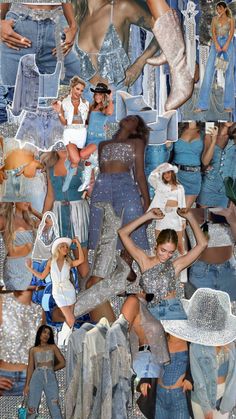 a collage of women in denim outfits and hats, all with their hands on their hips