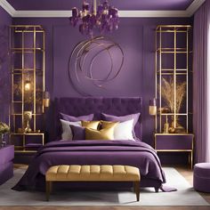 a bedroom with purple walls, gold accents and a chandelier above the bed