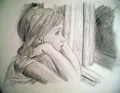 a pencil drawing of a girl looking out the window with her hand on her shoulder