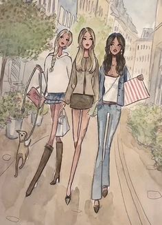 three women walking down the street with shopping bags in hand and one carrying a dog