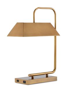 a lamp that is sitting on top of a wooden block and has a metal base