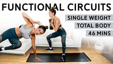 two women doing exercises on a yoga mat with the words functional circuit single weight total body 46 mins