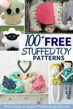 there are many stuffed animals and toys on the shelves with text overlay that reads, 100 free stuffed toy patterns