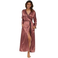 End each day and begin each morning in the most luxurious way imaginable, wrapped in the sensually soft comfort of Alexander Del Rossa's Long Satin Robe.  Finished with a smooth stand-up collar, cuffed long sleeves, and contrast piping for a timeless look, this irresistibly soft Satin Robe is sure to be the most comfortable thing you?ll ever wear.  Designed with you in mind, our Women's Satin Robes are comfortable, durable and classy. Made from silky 95% polyester and 5% spandex satin fabric, th Fitted Satin Robe For Loungewear, Elegant Satin Loungewear Robe, Long Satin Sleep Robe, Satin V-neck Robe For Loungewear, Satin V-neck Daywear Robe, Bedtime Outfit, Soft Robes, Lounge Robes, One Piece Clothing