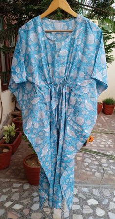 "These Kaftan we make from pure cotton Cambric Handblock print fabric. Handblock print gives it very unique look Size= Length 52\" Free size in chest . ." Summer Cotton Sleepwear For Beach, Traditional Summer Home Dress, Summer Tunic Kaftan For Home, Bohemian Blue Sleepwear For Vacation, Blue Bohemian Sleepwear For Vacation, Blue Cotton Kaftan For Vacation, Summer Blue Kaftan With Block Print, Blue Bohemian Sleepwear For Home, Bohemian Summer Sleepwear For Home