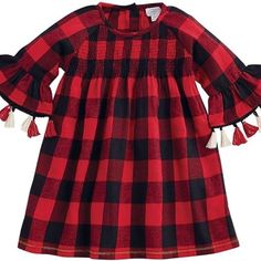 Perfect For The Holiday Season, This Buffalo Check Flannel Dress Features Chest Smocking, Ruffle Sleeves With Tassel Trim And Lurex Stitched Detail.Machine Wash. Red Check Dress, Kids Smock, Reindeer Dress, Watermelon Dress, Girls Denim Dress, Village Christmas, Christmas Girls, Alpine Village, Girls Sundress