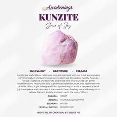 *Kunzite is a stone of romantic love, good for communication of love when you are nervous, as well as for healing heartaches. * It is also a stone of self-love, promoting humility and self-tolerance.  *Kunzite can strengthen the human energy field, clear the aura, and clear negative energy from a room or environment. *This listing is for one stone. *Comes with an informational card. Images appear larger than the actual size to clearly depict the details of the crystal. Each stone is unique and beautiful, so please expect slight variations in color, texture, and size. All Awakenings crystals are ethically sourced and certified by an in-house gemologist.   If they are exotics or rare mention they will also come with a card of authenticity. Pink Kunzite Crystal Meaning, Kunzite Crystal Meaning, Birthstones Chart, Human Energy Field, Human Energy, Emotional Honesty, Kunzite Crystal, Card Images, Clear Negative Energy