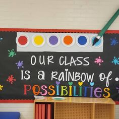 a blackboard with writing on it that says our class is a rainbow of possibilities