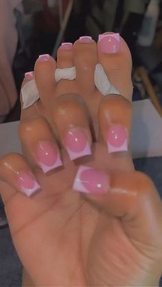 Light Skin Nails Color, Pink On Pink Short French Tip, Classy Pink Nails Acrylic, Pink French Tip Mani And Pedi, Cute Short Nails And Matching Toes, Pink Sequin Nails, Acrylic Nails And Feet Set, Shorties Nails And Toes Set, Pink Nail And Toes Matching Ideas