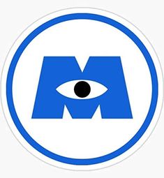 the letter m with an eye inside it in a blue and white circle sticker