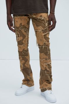 Available In Camouflage. Distressed Detail 5 Pocket Detail Zip Fly Button Closure Open Hem 97% Cotton 3% Spandex Imported | Mens Be Square Stacked Skinny Flare Pants in Camouflage size 40 by Fashion Nova Camouflage Straight Leg Cotton Bottoms, Military Style Khaki Straight Leg Jeans, Fitted Camouflage Cotton Jeans, Camouflage Fashion, Free Dresses, Buy One Get One, Bottom Clothes, Pocket Detail, Flare Pants