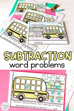 the subtraction worksheet is filled with pictures to help students learn how to read