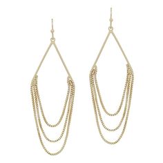 Sparkle and shine with these gorgeous gold earrings! With three delicate chains and 2" drop, these earrings are sure to make you the talk of the town. Plus, they'll last through day and night, so you can make a statement no matter the occasion! Gold-tone Drop Earrings With Gold Chain, Elegant Metal Chandelier Earrings With Chain, Gold Dangle Hoop Earrings With Chain Detail, Gold Dangle Hoop Earrings With Chain, Party Earrings With Gold Chain Detail, Gold Linear Chain Drop Earrings, Gold Chain Metal Earrings For Party, Party Earrings With Gold Chain, Gold Chain Earrings For Parties