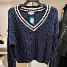 Size Medium Trendy Navy Sweater For Fall, Preppy Knit Sweater For Fall, Navy Sweater With Ribbed Cuffs For Spring, Preppy Blue Cotton Sweater, Navy Preppy Sweater For Fall, Navy Cable Knit Casual Top, Navy Casual Cable Knit Top, White Cable Knit Sweater, Cable Knit Sweater