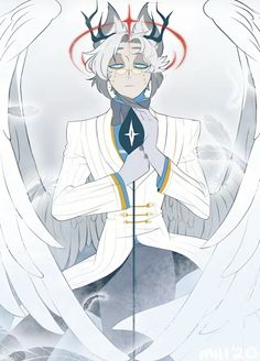 an anime character with white hair and horns on his head, standing in front of two wings