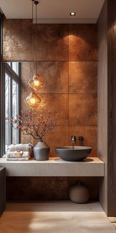 a modern bathroom with two sinks and a large window