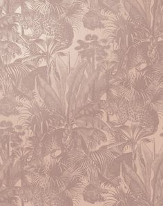 an animal and plant print wallpaper design in pink, beige and brown tones with leopards