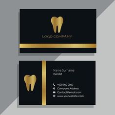 a business card with a gold tooth on the front and bottom, along with a black background