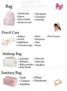 the contents of a pink backpack and other things to pack in it for school or work