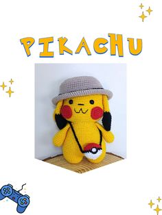 a yellow stuffed animal wearing a hat and holding a video game controller with the words pekachu above it