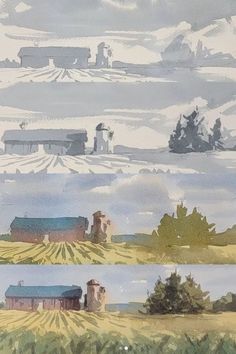 four different views of farm buildings and fields