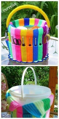 crochet basket made with yarn and scissors on the outside, and inside it