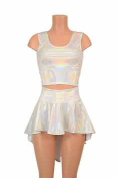 3PC Rave Outfit Flashbulb Holographic Crop Tank, Hi Lo Skirt & Cheeky Booty Shorts Festival EDM Danc Holographic Rave Outfit, Eve Costume, Armadura Cosplay, Ice Skating Outfit, Team Pink, Skating Outfits, Rave Wear, Rave Outfits, Crop Tank