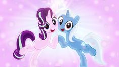 two little pony standing next to each other in front of a purple and blue background