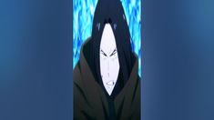 an anime character with black hair wearing a hoodie and looking at the camera while standing in front of a blue background