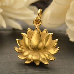 "24K Gold Plated Sterling Silver Lotus Charm. Gold Vermeil Lotus Pendant 18mm x 15mm Length includes 5mm jump ring Charm available on 16\" or 18\" 14K Gold Filled delicate 1.3mm Cable Chain" Luxury Traditional Flower Pendant Jewelry, Luxury Gold Plated Flower Pendant Jewelry, Luxury 22k Gold Jewelry For Rituals, Luxury Gold Plated Pendant Jewelry, Luxury 22k Gold Symbolic Jewelry, By Charlotte Lotus Necklace, Lotus Jewelry Gold, Blooming Lotus, Lotus Necklace