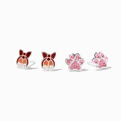 This sterling silver stud earring set is pawfect. The two-pack set includes adorable corgi butts and faux crystal encrusted pink paw designs.Pack Size: 2Finish: SilverClosure: Post back Material: Sterling silver - Claire's Sterling Silver Corgi Butt & Paw Stud Earrings - 2 Pack Pink Paws, Corgi Butts, Fashionable Jewelry, Stud Earrings Set, Sterling Silver Studs, Sterling Silver Earrings Studs, Stud Earring, Silver Earrings Studs, 2 Pack