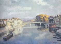 a painting of a river with boats in it and buildings on the other side,