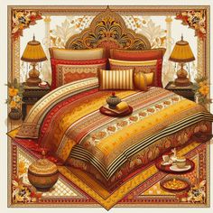 a painting of a bed with yellow and red bedspread, two lamps on either side