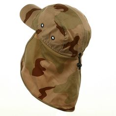 Camouflaged Sun CapMade from 65% Polyester and 35% Cotton.Pre Curved Bill measures 3" Long.One Size with Elastic Closure fits up to XL.Crown features 5 Panels, with an attached fabric flap 7 1/2" long. Planning your next camping trip or hiking adventure, make sure ourcamouflage Sun Cap with Flap is on your checklist. Made from a unique blend of cotton and, this hat is ideal to take along on small outdoor excursions, offering all the protection of our much bigger caps, without all the unnecessary