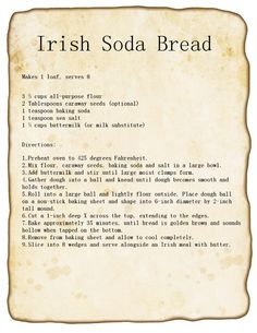 an old paper with the words irish soda bread written in black and white on it