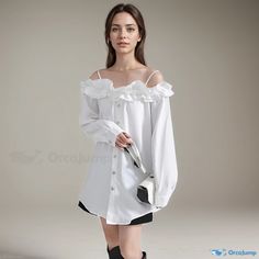 Orcajump - Shoulder Strap Blouse Casual Off-shoulder Blouse For Daywear, Strap Blouse, Sleeve Stencil, Style Cardigan, Mid Length, Shoulder Strap, Dye, Solid Color, Sleeve Length