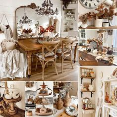 a collage of photos with various items in the room and on the wall, including an old fashioned dining table