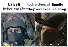 two pictures one with a man wearing a mask and the other with a helmet