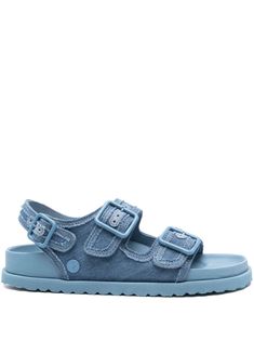 medium blue cotton/leather denim stonewashed buckle-fastening slingback strap two buckle-strap fastenings suede panelling frayed detailing logo plaque to the side open toe branded moulded footbed EVA midsole rubber outsole Denim Sandals, Detailing Logo, Chanel 2, Birkenstock Milano, Leather Denim, Iconic Bags, Blue Sandals, Summer Beach Wear, Flat Boots