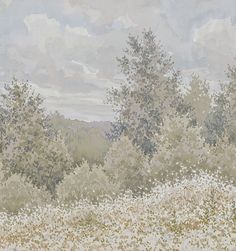 a painting of trees and flowers in the foreground with clouds in the sky above