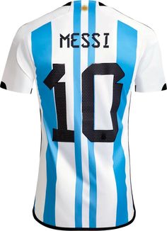 the shirt is white and blue with black stripes on it, which reads messi 10