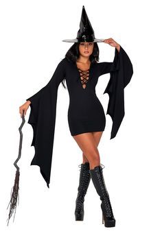 Step into the Halloween spirit with a classic witch look, complete with pointed hats, capes, and an air of mystery. Perfect for a magical night out 🌙✨ Vinyl Hat, Witches Costumes For Women, Chic Black Dress, Witch Coven, Witch Costumes, Body Hugging Dress, Witch Dress, Stretch Mini Dress