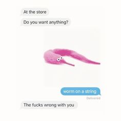 two text messages with an image of a worm and the caption that says, at the store do you want anything? worm on a string